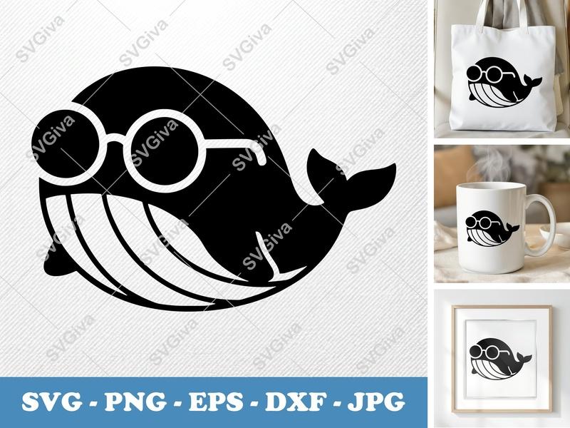 Whale SVG | Cute Whale with Glasses | Modern Clean Design | Cricut Silhouette | PNG EPS DXF Cut File
