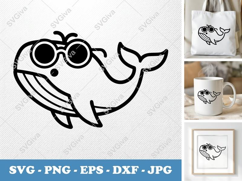 Whale SVG, Cute Whale with Glasses, Ocean Animal | PNG EPS DXF | Cricut Silhouette Cut File, Modern Design