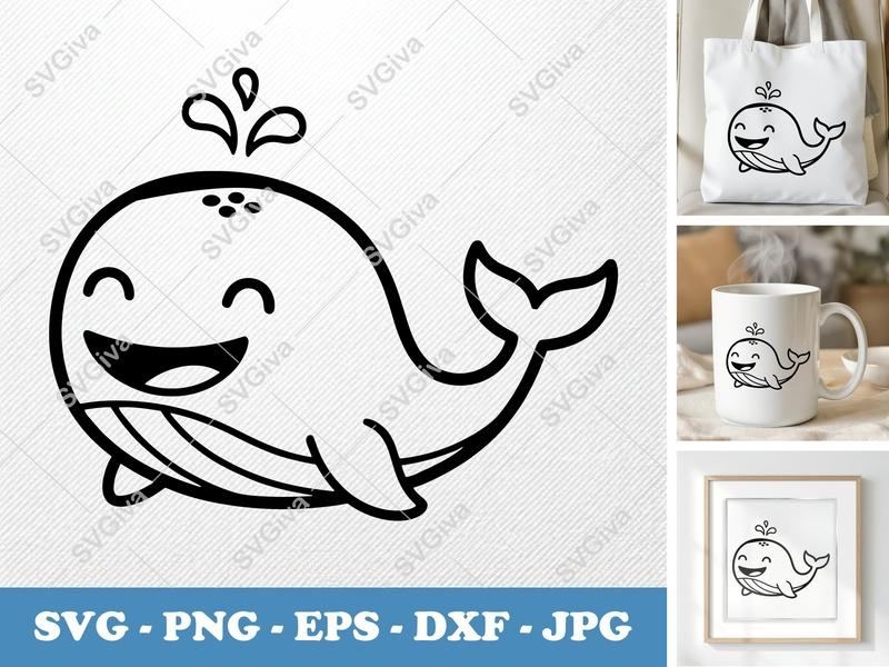 Whale SVG, Happy Cartoon Whale Cut File, Modern Sea Animal Design, PNG EPS DXF for Cricut, Silhouette, Ocean Clipart