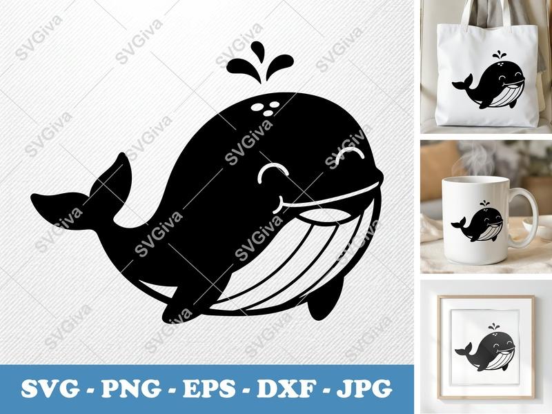Whale SVG, Happy Cartoon Whale Cut File, Ocean Animal PNG EPS DXF for Cricut & Silhouette, Modern Design