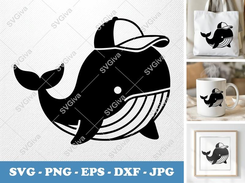 Whale SVG | Modern Cartoon Whale with Hat | PNG EPS DXF for Cricut, Silhouette | Ocean Animal Cut File