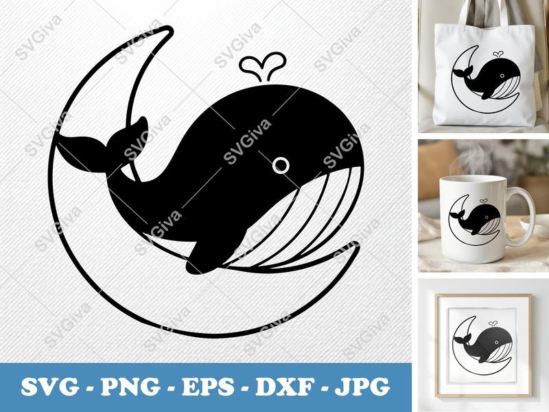 Whale SVG | Moon Crescent Ocean Animal Cut File | Modern Nursery Art | PNG EPS DXF for Cricut Silhouette