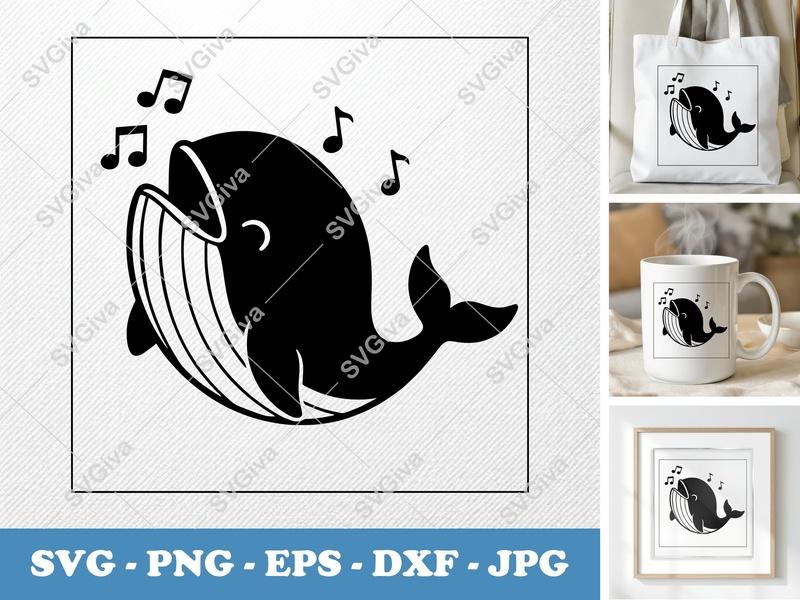 Whale SVG, Singing Whale Cut File, Music Notes, Ocean Animal PNG EPS DXF for Cricut, Silhouette, Modern Clean Design