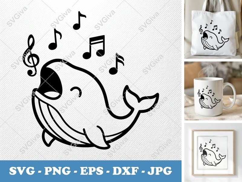 Whale SVG, Singing Whale Design, Music Notes Cut File for Cricut, Silhouette, PNG, EPS, DXF, Ocean Animal Art