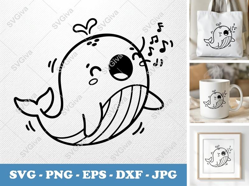 Whale SVG, Singing Whale, Music Notes, Cute Animal Clipart | PNG EPS DXF for Cricut, Silhouette, Kids Crafts