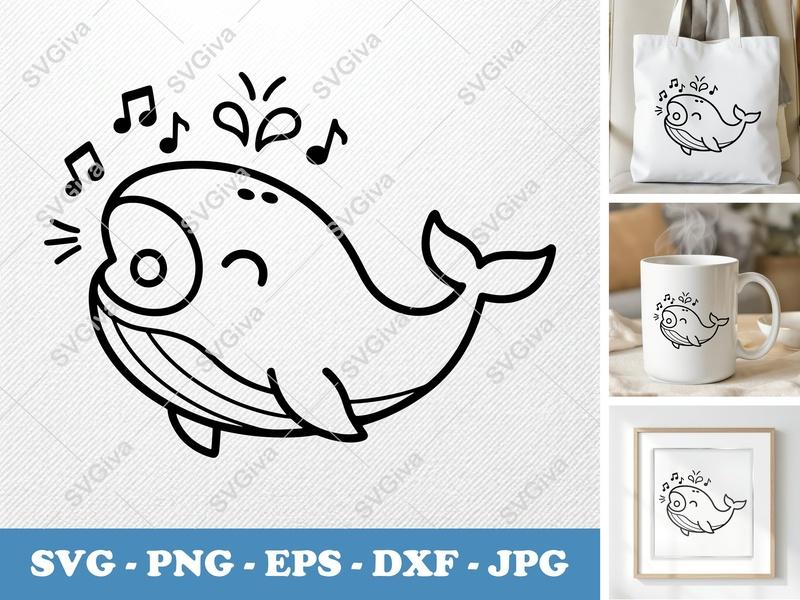 Whale SVG, Singing Whale, Music Notes, Cute Animal Cut File | PNG EPS DXF for Cricut, Silhouette | Ocean Sea Life Clipart