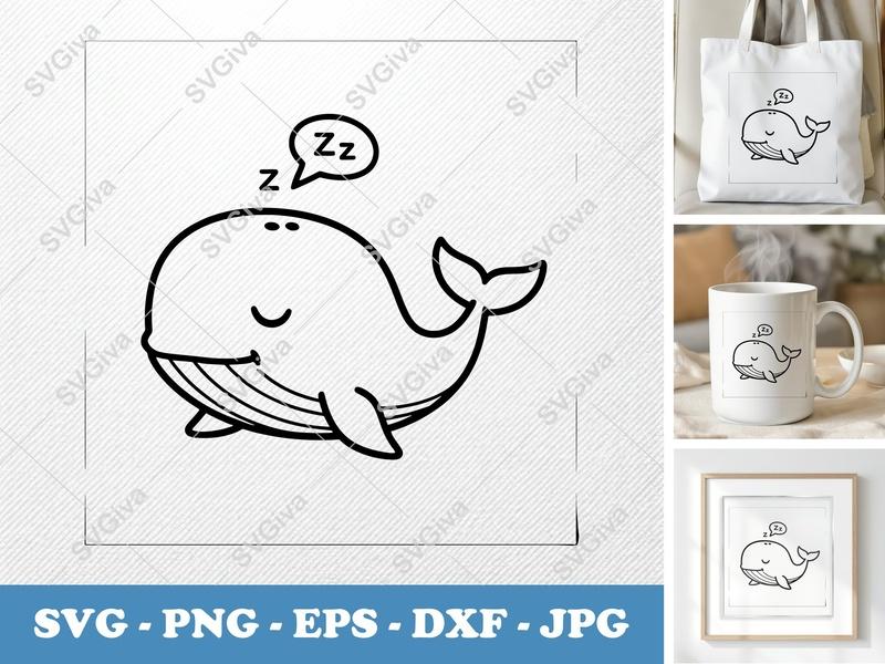 Whale SVG, Sleeping Whale, Cute Cartoon Sea Animal, PNG, EPS, DXF for Cricut & Silhouette, Modern Ocean Life Cut File