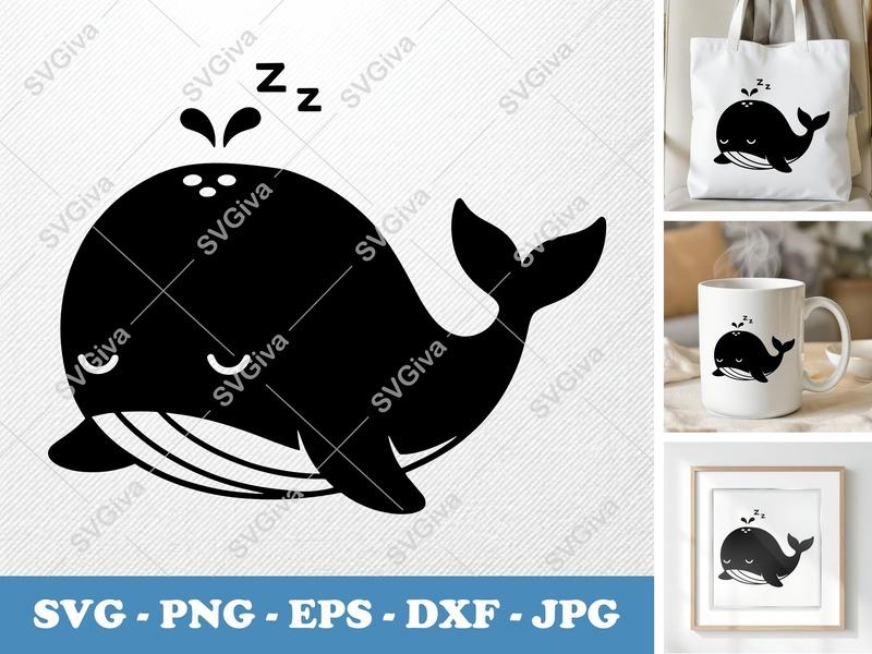 Whale SVG, Sleeping Whale, Cute Marine Animal, Zzz, PNG EPS DXF | Cricut Silhouette Cut File