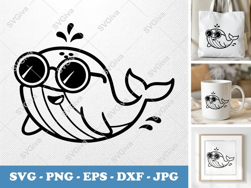 Whale wearing sunglasses SVG, Friendly Rounded Body Bean-Shaped Cut File | PNG DXF EPS for Cricut Silhouette