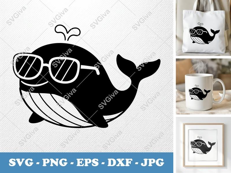 Whale wearing sunglasses SVG, Puffy Shape Design, PNG DXF EPS | Cricut Silhouette File