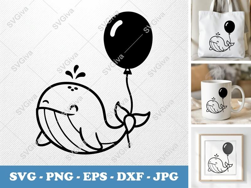 Whale with balloon SVG | Friendly Bean-Shaped Cut File | Rounded Body Design | PNG DXF EPS | Cricut Silhouette