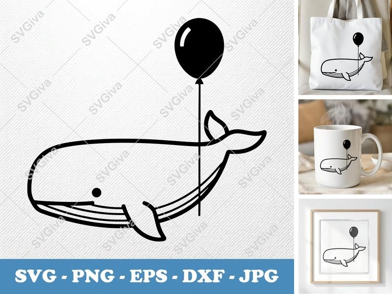 Whale with Balloon SVG | Minimalist Double-Outline Look | Thick Outer Contour, Thinner Inner Lines | PNG DXF EPS Cut File for Cricut Silh...