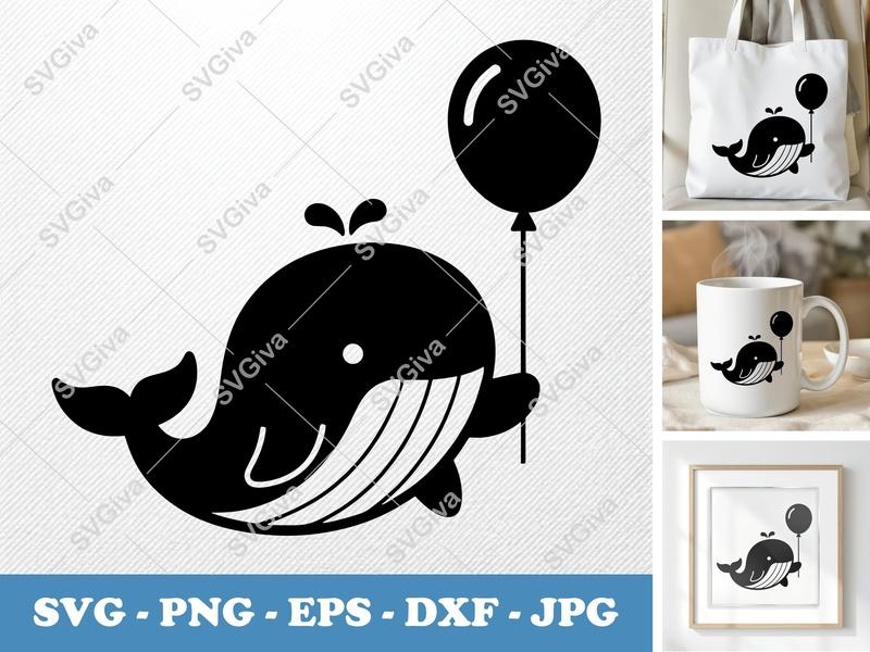 Whale with Balloon SVG | Puffy Inflatable Design | PNG DXF EPS | Cricut Silhouette Cut File