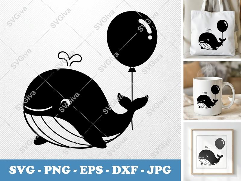 Whale with Balloon SVG | Puffy Soft Forms | PNG DXF EPS | Cricut Silhouette Cut File