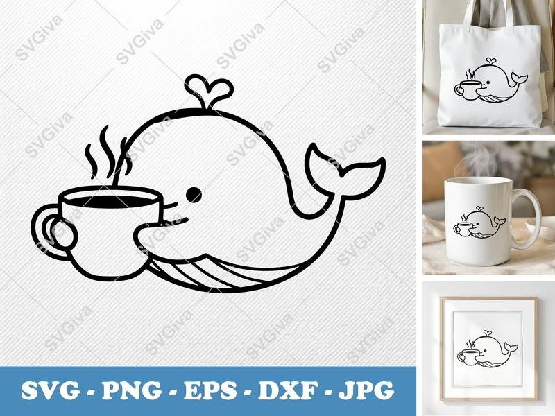 Whale with Coffee Cup SVG | Rounded, Friendly Bean-Shaped Design | PNG DXF EPS | Cricut Silhouette File