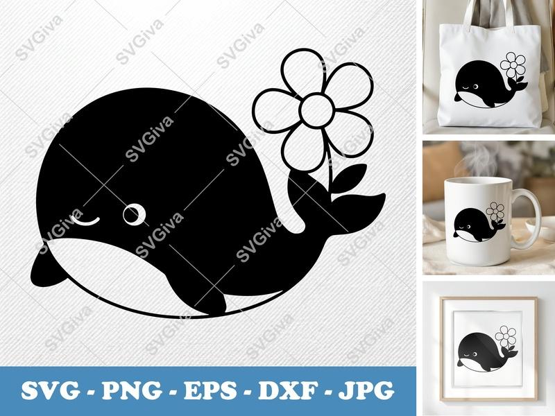 Whale with Flower SVG | Puffy Soft Forms | PNG DXF EPS | Cricut Silhouette Cut File