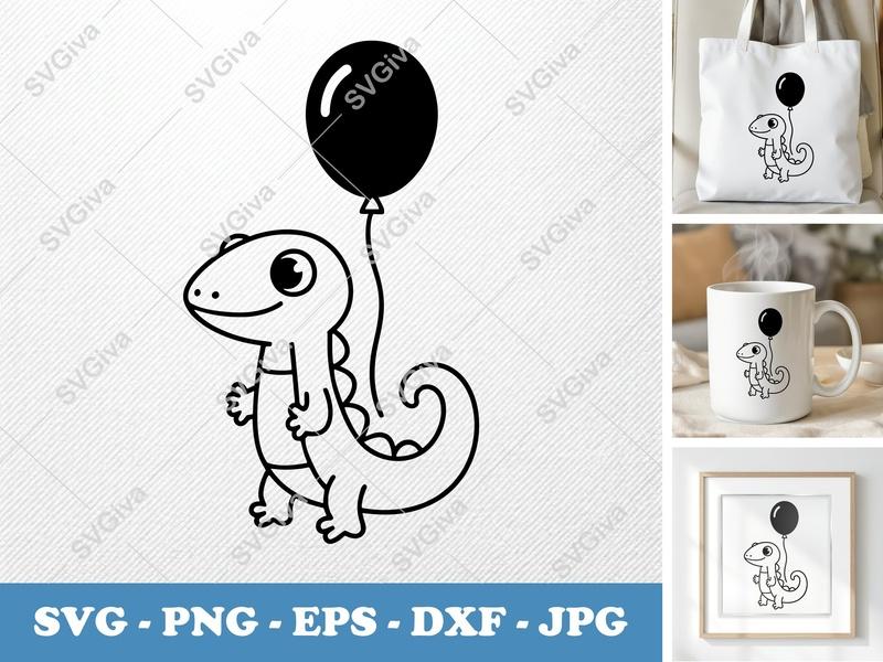 Whimsical Lizard & Balloon SVG PNG DXF EPS | Adorable Reptile Cut File for Cricut & Silhouette Crafts