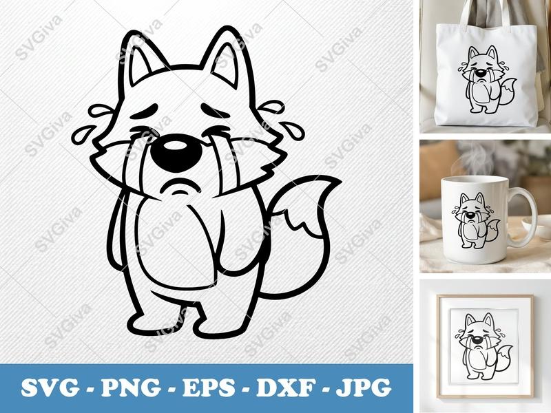 Wolf Crying SVG | Sad Puppy Cut File | Kawaii Animal Line Art | PNG EPS DXF for Cricut, Silhouette | Cute Cartoon Vector