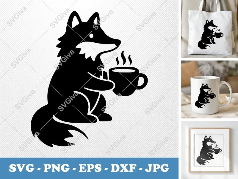 Wolf Drinking Coffee SVG | Modern Animal Coffee Lover PNG EPS DXF | Cricut Silhouette Cut File | Forest Creature Clipart