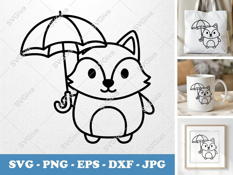 Wolf Holding Umbrella SVG | Friendly Rounded Bean-Shaped Design | PNG DXF EPS | Cricut Silhouette File