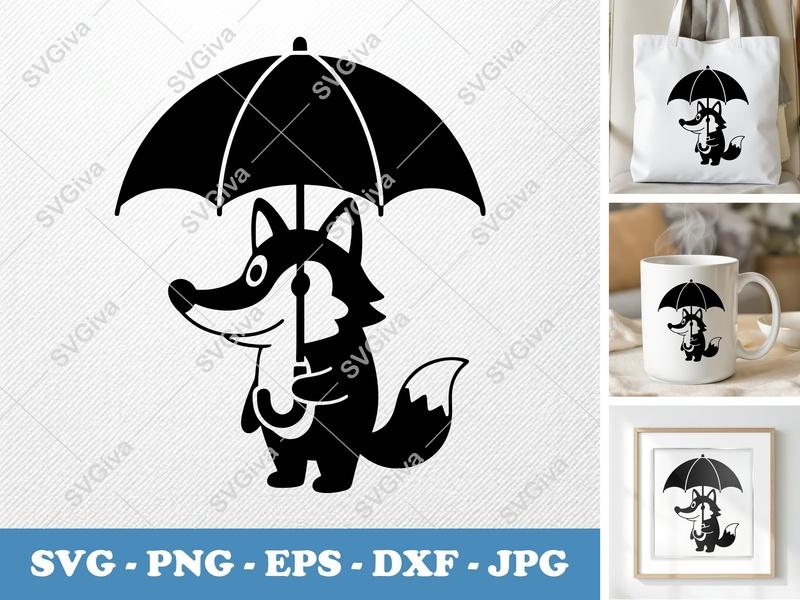 Wolf Holding Umbrella SVG PNG DXF EPS | Kawaii Animal Cut File for Cricut Silhouette