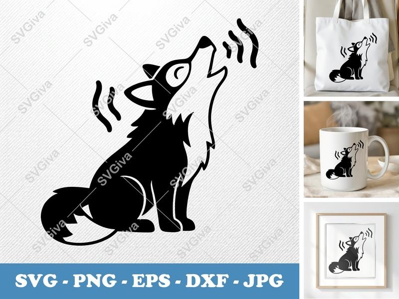 Wolf Howling SVG, Moon Howl PNG, EPS, DXF | Animal Cut File for Cricut & Silhouette | Modern Wildlife howling Vector Clipart