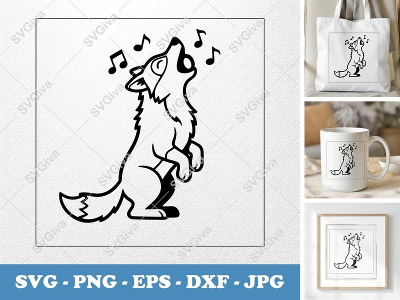 Wolf Howling SVG | Music Notes PNG EPS DXF | Cute Cartoon Animal Cut File for Cricut, Silhouette | Modern Wild Dog Design