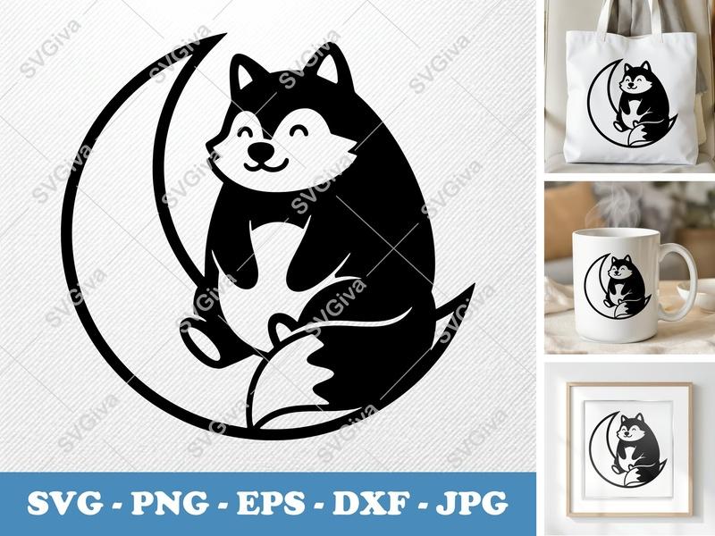Wolf on Moon SVG | Cute Husky Moon Phase | Animal Clipart PNG EPS DXF for Cricut Silhouette Cutting Machines