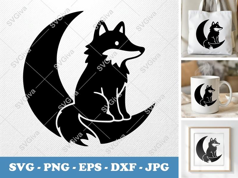 Wolf on Moon SVG | Modern Minimalist Fox Cut File | PNG EPS DXF for Cricut Silhouette | Animal Vector Clipart