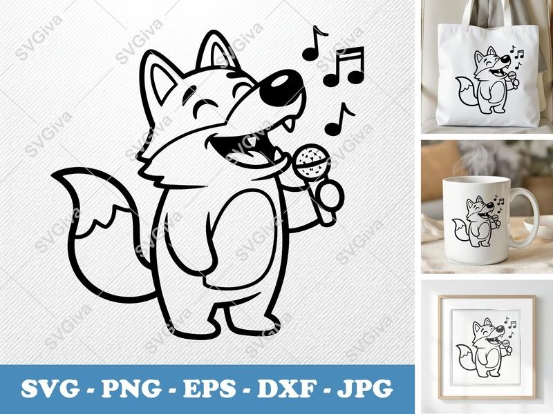 Wolf Singing SVG | Cartoon Mic Music Notes | PNG EPS DXF | Cricut Silhouette File | Cute Animal Clip Art | Modern Outline
