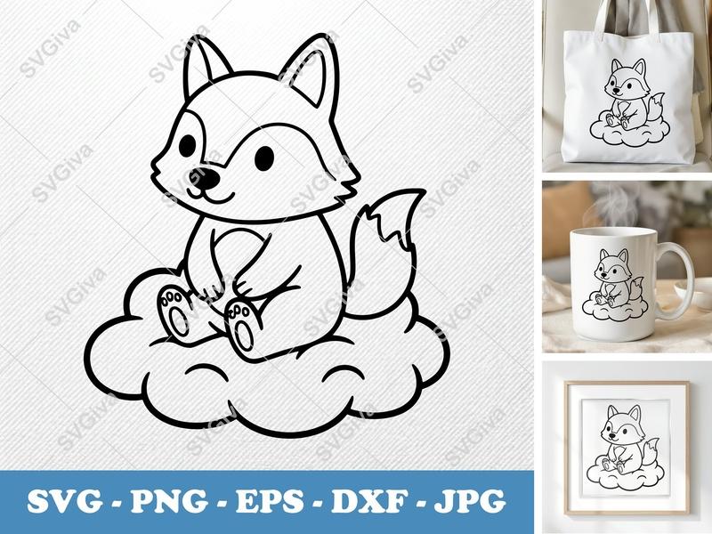Wolf Sitting on a Cloud SVG | Friendly Rounded Bean-Shaped Cut File | PNG DXF EPS for Cricut Silhouette