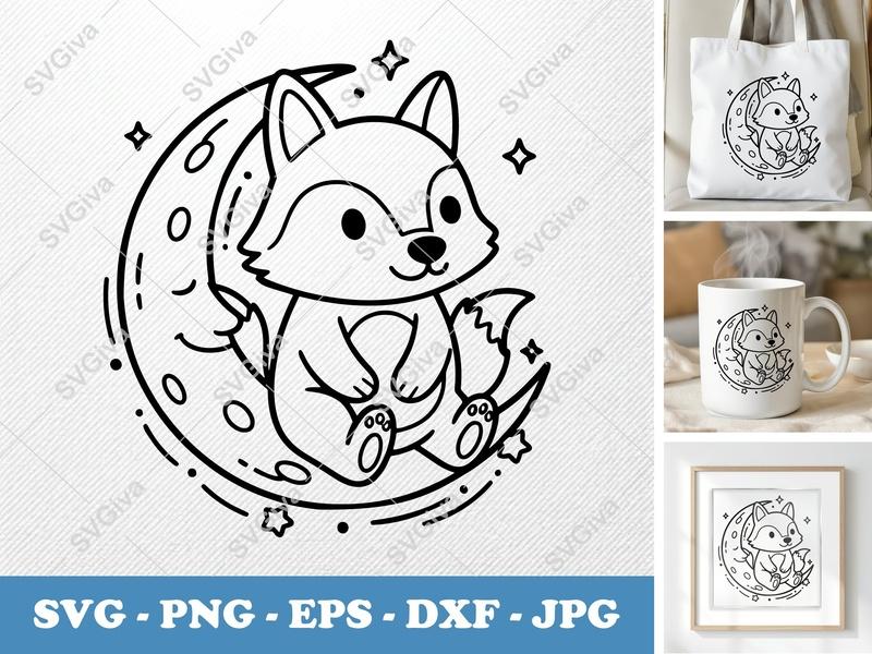 Wolf Sitting on Moon SVG | Friendly Bean-Shaped Cut File | Rounded Body PNG DXF EPS | Cricut Silhouette