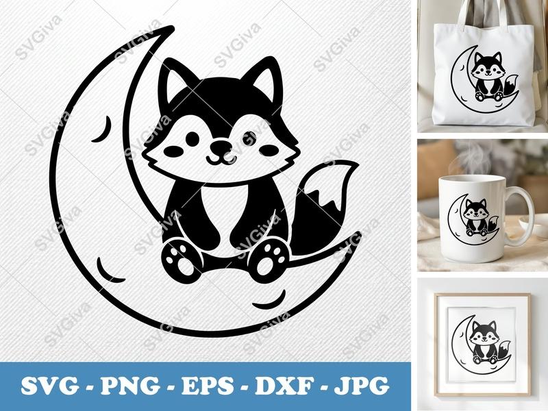 Wolf Sitting on Moon SVG | Puffy Cartoon Design | PNG DXF EPS | Cricut Silhouette File