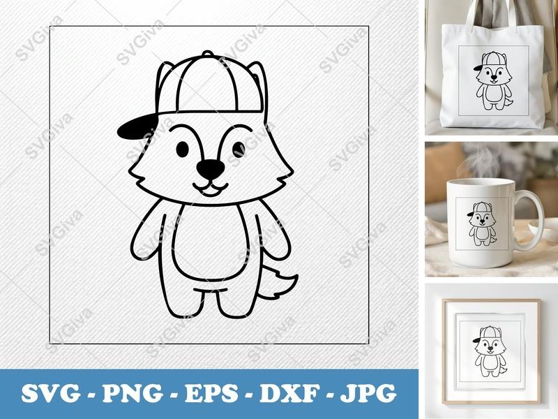 Wolf SVG | Cartoon Kid Animal with Hat | Cute Modern Design | PNG EPS DXF for Cricut Silhouette