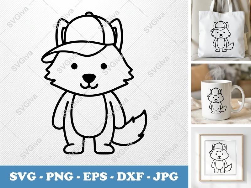 Wolf SVG, Cartoon Wolf with Hat, Cute Animal Clip Art, PNG EPS DXF for Cricut & Silhouette, Kids Design, Modern Line Art