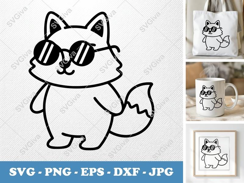 Wolf SVG | Cool Wolf with Sunglasses | Modern Clean Line Art | PNG EPS DXF | Cricut Silhouette Cut File