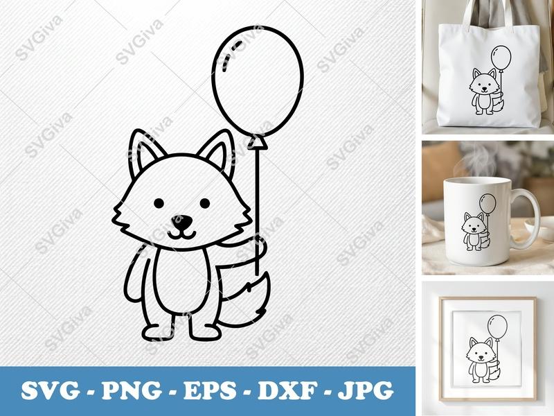 Wolf SVG | Cute Animal with Balloon | Modern Line Art Cut File for Cricut, Silhouette | PNG, EPS, DXF Included