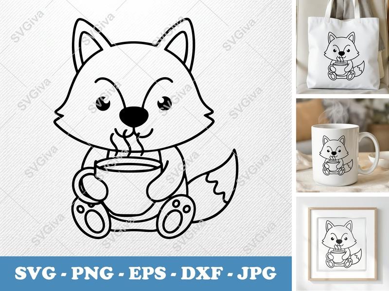 Wolf SVG | Cute Animal with Coffee Mug | Line Art Clipart | PNG EPS DXF for Cricut Silhouette | Modern Kawaii Design
