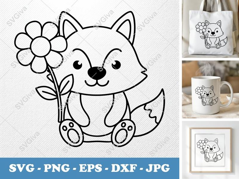 Wolf SVG | Cute Animal with Flower Outline | Modern Cartoon Design | PNG EPS DXF for Cricut, Silhouette