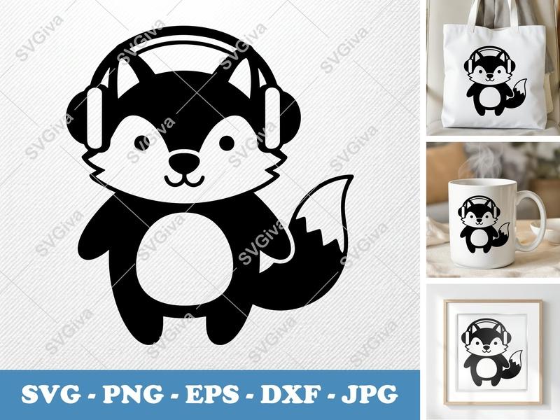 Wolf SVG | Cute Animal with Headphones | Modern Cartoon Clipart | PNG EPS DXF for Cricut & Silhouette