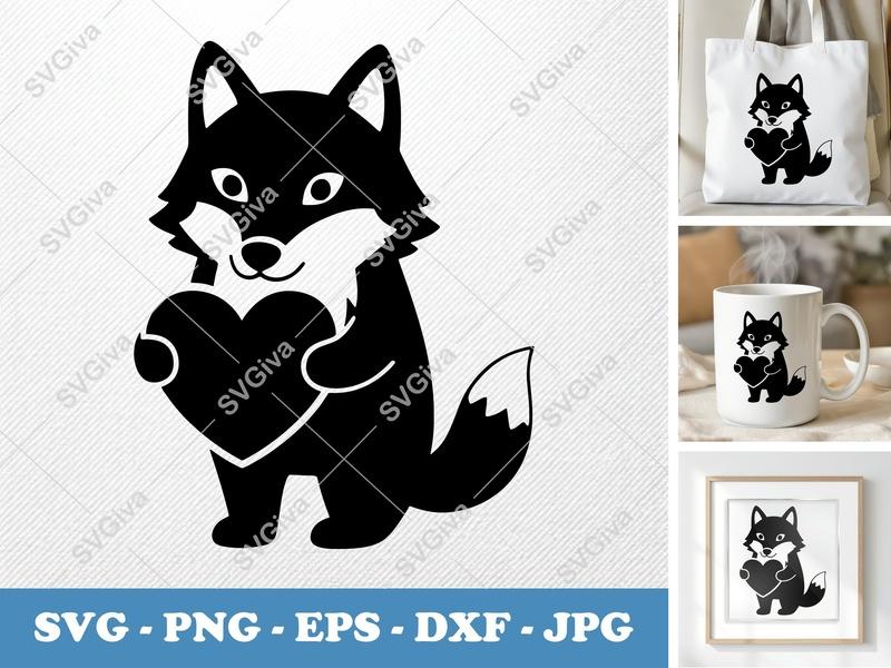 Wolf SVG | Cute Animal with Heart | Fox Clipart, Love Cut File | PNG EPS DXF for Cricut, Silhouette | Modern Design