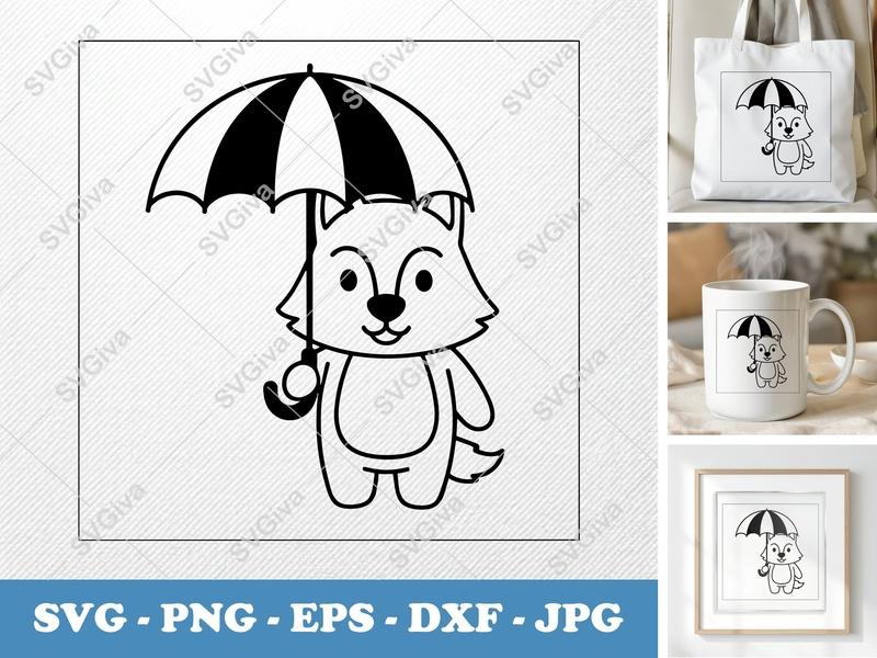 Wolf SVG | Cute Baby Wolf with Umbrella | Cartoon Animal Outline PNG, EPS, DXF for Cricut & Silhouette