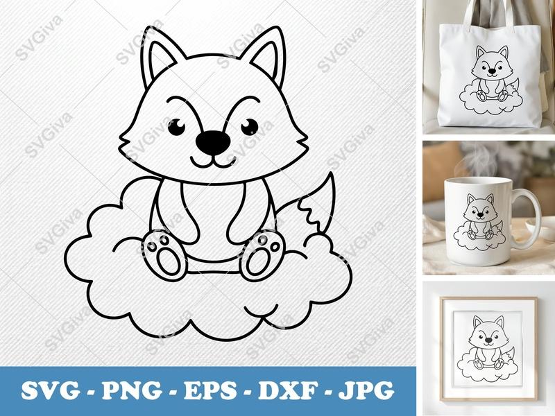 Wolf SVG | Cute Cartoon Animal on Cloud | Line Art PNG EPS DXF for Cricut, Silhouette | Baby Nursery Design