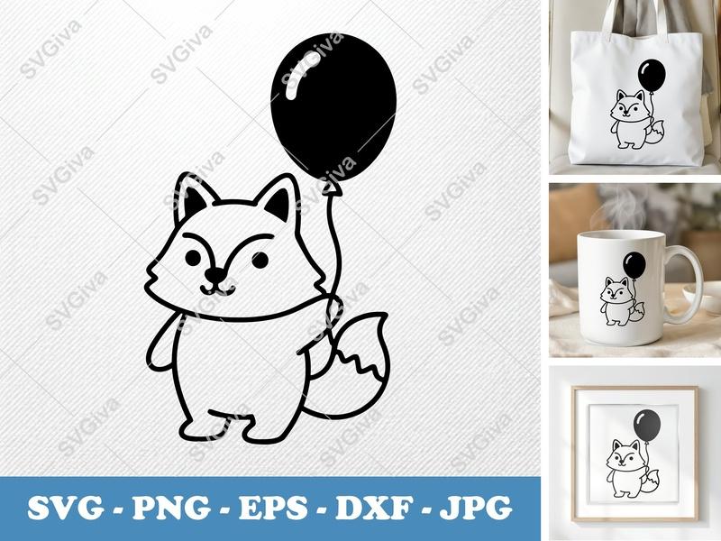 Wolf SVG | Cute Cartoon Animal with Balloon | PNG EPS DXF | Cricut Silhouette File | Modern Kids Design