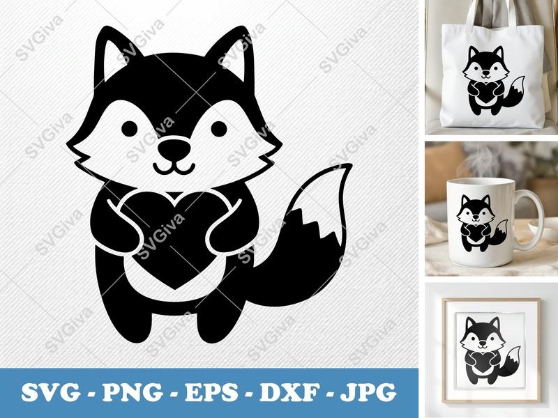 Wolf SVG, Cute Cartoon Fox with Heart PNG EPS DXF | Valentine Animal Cut File for Cricut, Silhouette