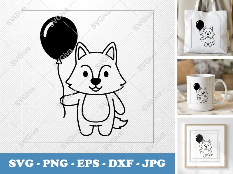Wolf SVG | Cute Cartoon Wolf with Balloon | PNG EPS DXF | Cricut Silhouette File | Animal Clip Art Design