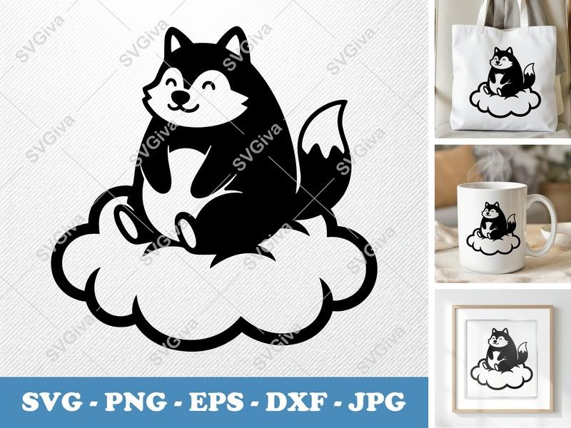 Wolf SVG | Cute Husky on Cloud | Kawaii Animal Cut File | PNG EPS DXF for Cricut & Silhouette | Modern Cartoon Design