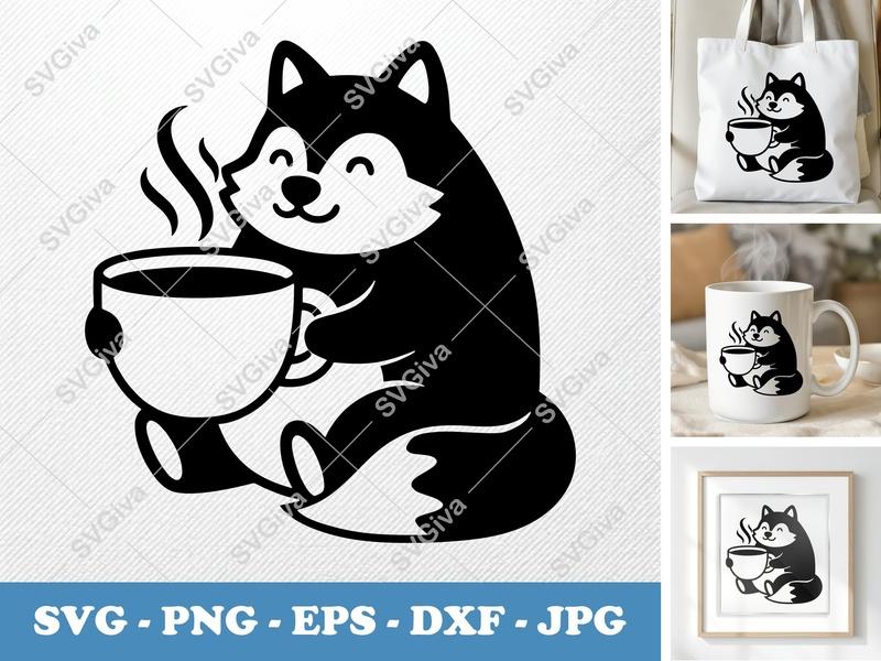 Wolf SVG | Cute Husky with Coffee | Modern Cartoon Animal Clip Art | PNG EPS DXF for Cricut & Silhouette