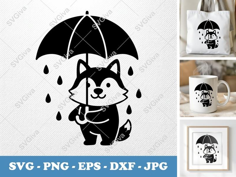 Wolf SVG | Cute Puppy Umbrella Raindrop Cut File | Kawaii Husky Clipart for Cricut, Silhouette | PNG EPS DXF Vector