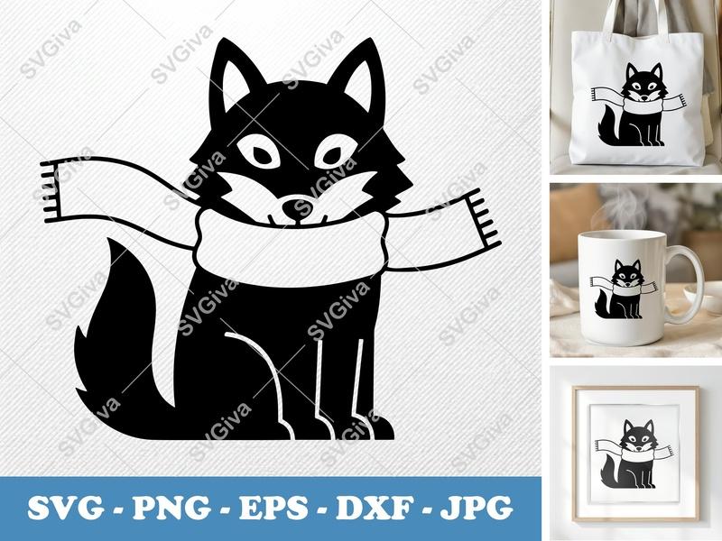 Wolf SVG Scarf Winter Animal Cut File | Cute Modern Design PNG EPS DXF for Cricut Silhouette
